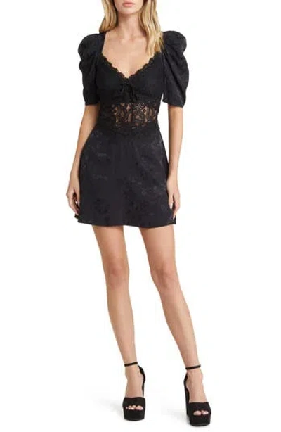 For Love & Lemons Danielle Open Back Lace & Damask Minidress In Black