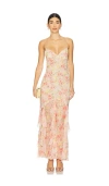 For Love & Lemons Elea Floral Ruffle Open Back Maxi Cocktail Dress