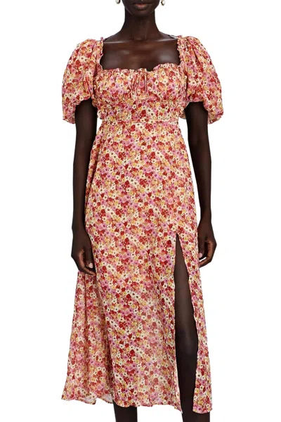 For Love & Lemons Felicia Floral-print Tie-back Midi Dress In Red In Multi
