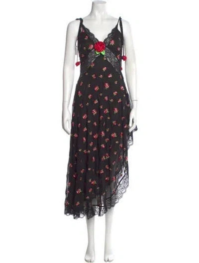 Pre-owned For Love & Lemons Floral Print Long Dress In Black