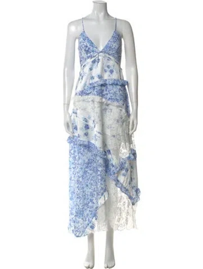 Pre-owned For Love & Lemons Floral Print Long Dress In Blue
