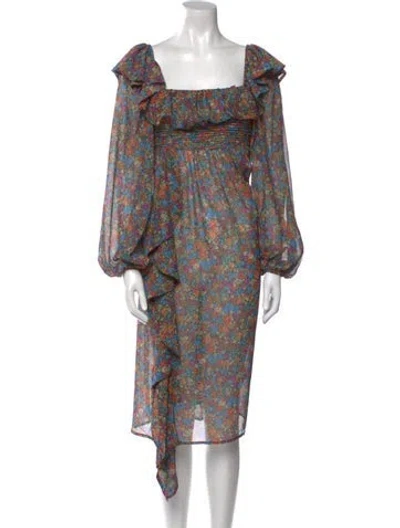Pre-owned For Love & Lemons Floral Print Long Dress In Green