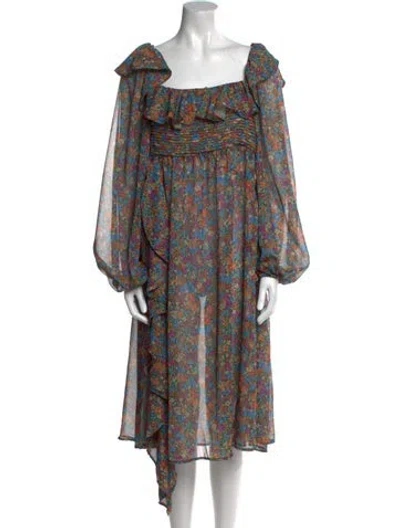 Pre-owned For Love & Lemons Floral Print Long Dress In Green