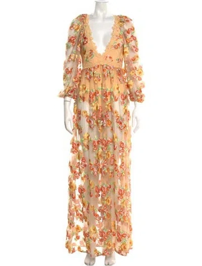 Pre-owned For Love & Lemons Floral Print Long Dress In Orange