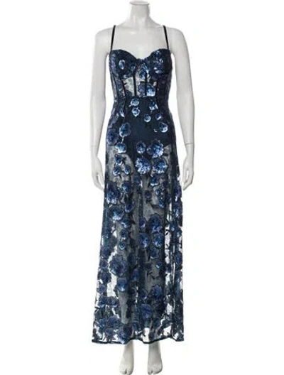 Pre-owned For Love & Lemons Floral Print Long Dress W/ Tags In Blue