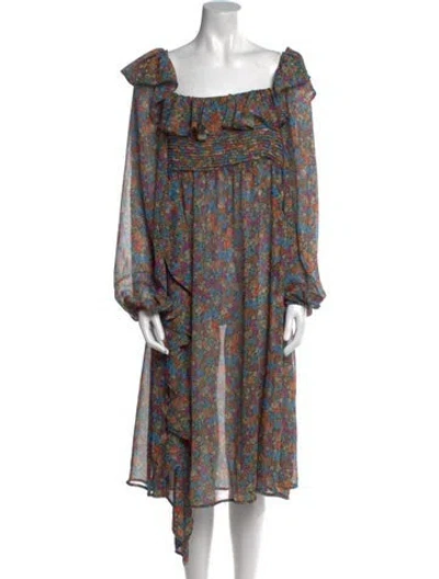 Pre-owned For Love & Lemons Floral Print Long Dress W/ Tags In Green