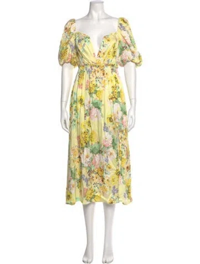 Pre-owned For Love & Lemons Floral Print Long Dress In Yellow