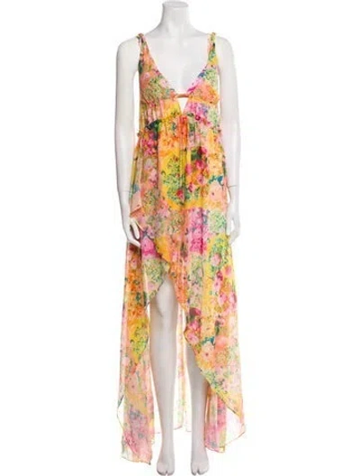 Pre-owned For Love & Lemons Floral Print Long Dress In Yellow
