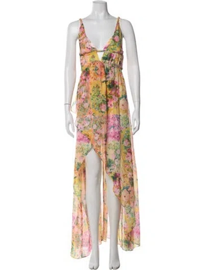 Pre-owned For Love & Lemons Floral Print Long Dress In Yellow