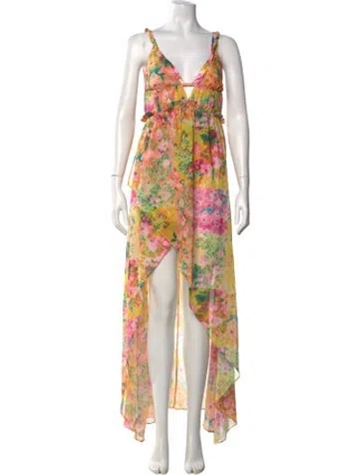 Pre-owned For Love & Lemons Floral Print Long Dress In Yellow