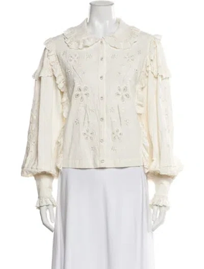 Pre-owned For Love & Lemons Floral Print Long Sleeve Blouse In White