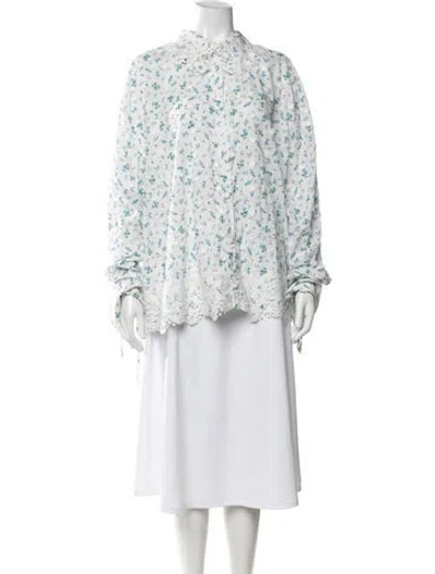 Pre-owned For Love & Lemons Floral Print Long Sleeve Blouse In White
