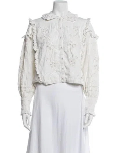 Pre-owned For Love & Lemons Floral Print Long Sleeve Blouse In White