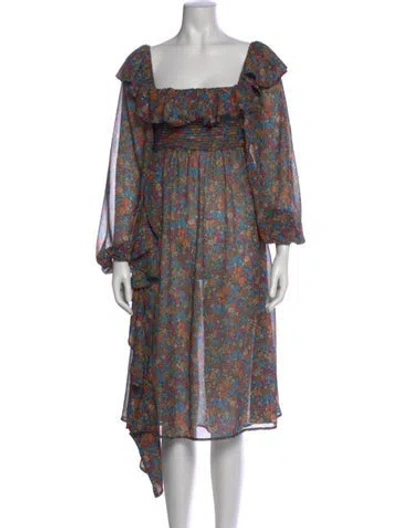 Pre-owned For Love & Lemons Floral Print Midi Length Dress In Green