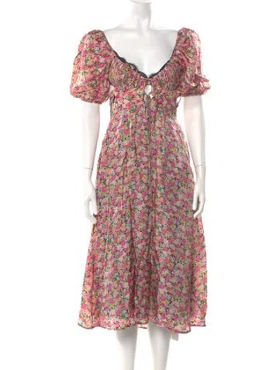 Pre-owned For Love & Lemons Floral Print Midi Length Dress W/ Tags In Pink