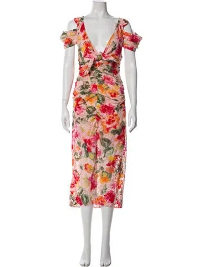 Pre-owned For Love & Lemons Floral Print Midi Length Dress W/ Tags In Red