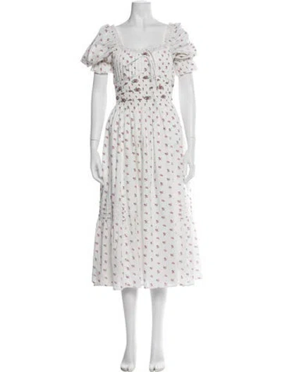 Pre-owned For Love & Lemons Floral Print Midi Length Dress In White