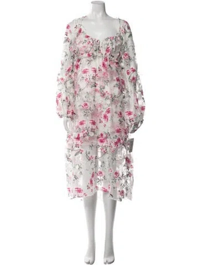 Pre-owned For Love & Lemons Floral Print Midi Length Dress In White
