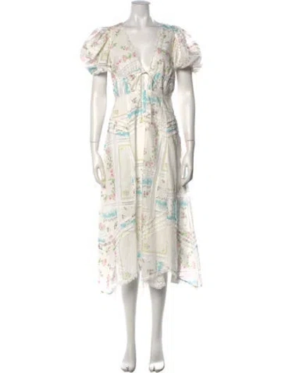 Pre-owned For Love & Lemons Floral Print Midi Length Dress In White