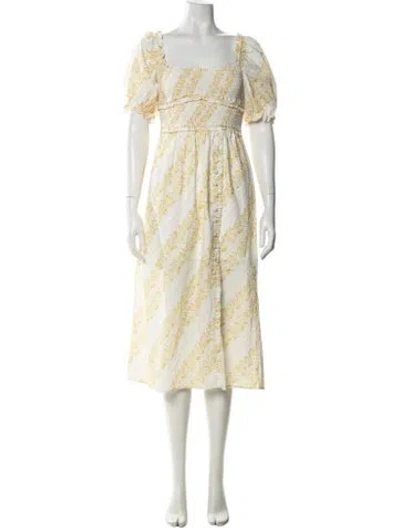 Pre-owned For Love & Lemons Floral Print Midi Length Dress In Yellow
