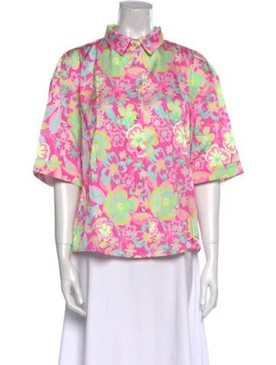 Pre-owned For Love & Lemons Floral Print Mock Neck Blouse In Pink