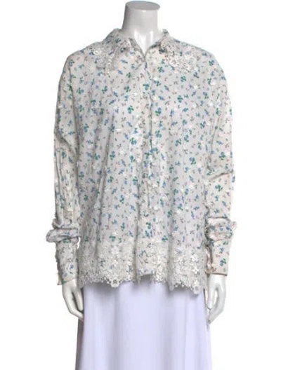 Pre-owned For Love & Lemons Floral Print Mock Neck Blouse In White