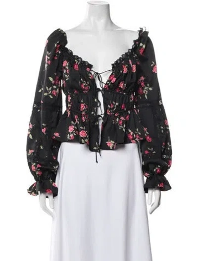 Pre-owned For Love & Lemons Floral Print Off-the-shoulder Blouse In Black