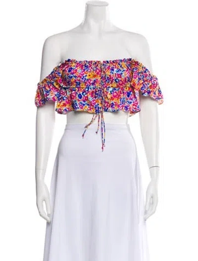 Pre-owned For Love & Lemons Floral Print Off-the-shoulder Crop Top In Purple