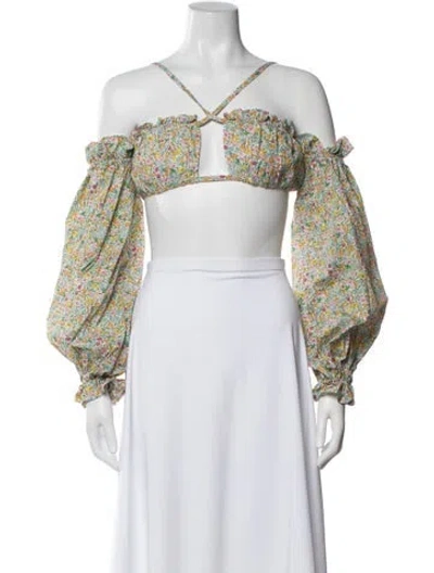 Pre-owned For Love & Lemons Floral Print Off-the-shoulder Crop Top W/ Tags In Green