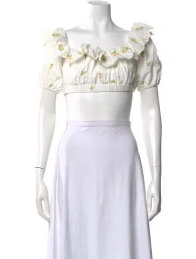 Pre-owned For Love & Lemons Floral Print Off-the-shoulder Crop Top In White