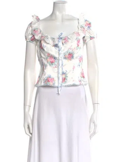 Pre-owned For Love & Lemons Floral Print Off-the-shoulder Crop Top In White