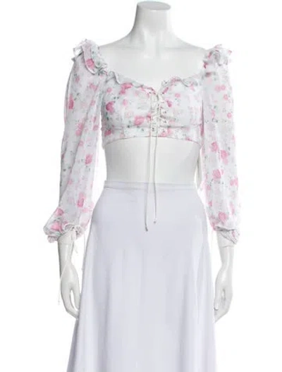 Pre-owned For Love & Lemons Floral Print Off-the-shoulder Crop Top In Yellow