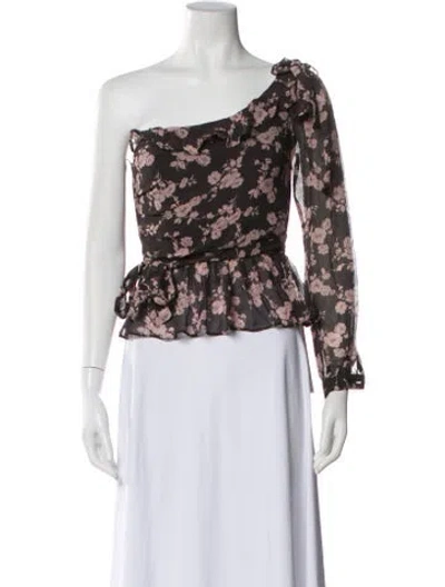 Pre-owned For Love & Lemons Floral Print One-shoulder Blouse In Black