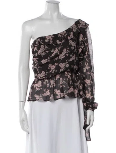Pre-owned For Love & Lemons Floral Print One-shoulder Blouse In Black