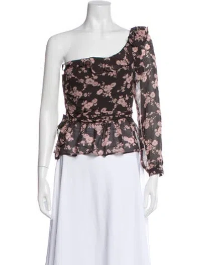 Pre-owned For Love & Lemons Floral Print One-shoulder Blouse In Gray