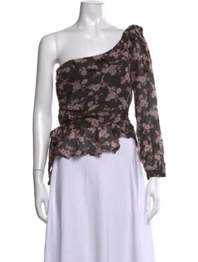 Pre-owned For Love & Lemons Floral Print One-shoulder Blouse In Grey/pink