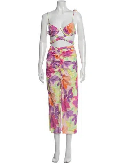 Pre-owned For Love & Lemons Floral Print Pleated Accents Skirt Set In Green/pink