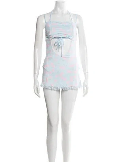 Pre-owned For Love & Lemons Floral Print Ruffle Embellishment One-piece W/ Tags In Blue/white