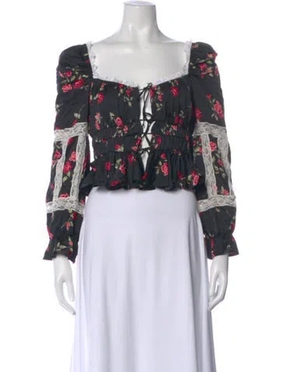 Pre-owned For Love & Lemons Floral Print Square Neckline Blouse In Black