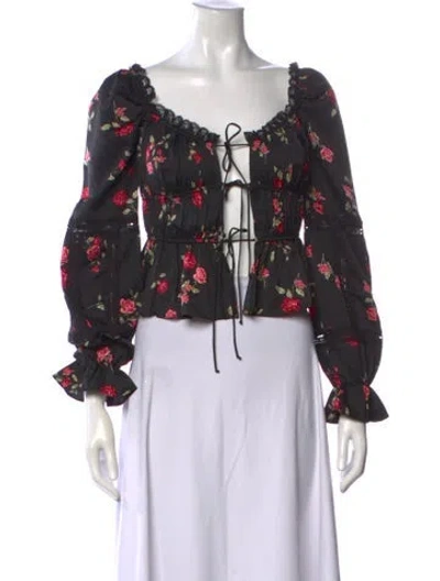 Pre-owned For Love & Lemons Floral Print Square Neckline Blouse In Black