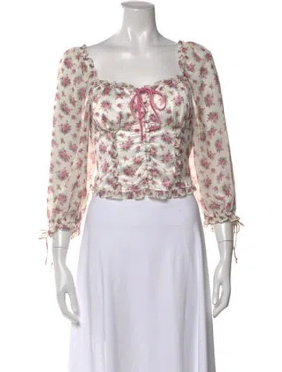 Pre-owned For Love & Lemons Floral Print Square Neckline Blouse In White