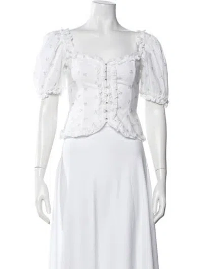 Pre-owned For Love & Lemons Floral Print Square Neckline Blouse In White