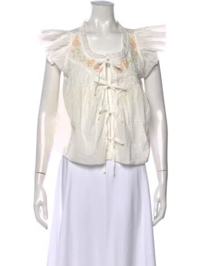 Pre-owned For Love & Lemons Floral Print Square Neckline Blouse In White