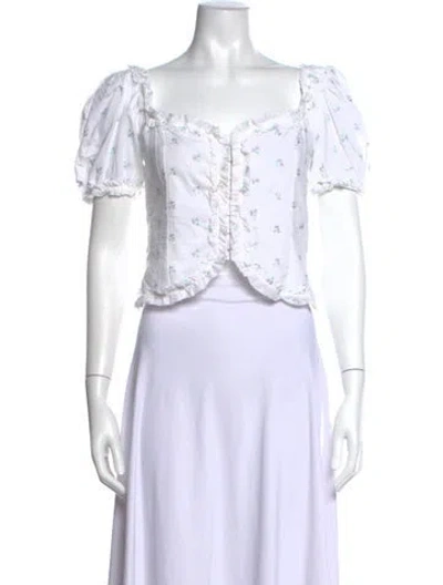 Pre-owned For Love & Lemons Floral Print Square Neckline Blouse In White