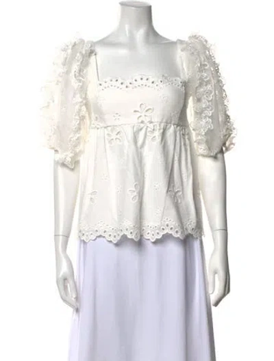 Pre-owned For Love & Lemons Floral Print Square Neckline Blouse In White