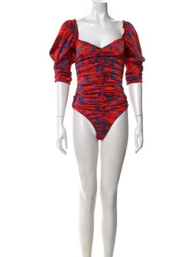 Pre-owned For Love & Lemons Floral Print Square Neckline Bodysuit In Purple