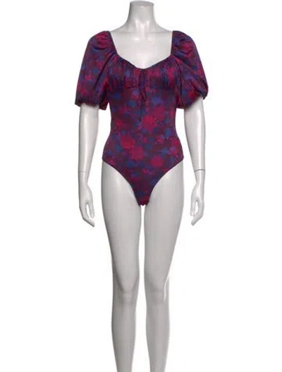 Pre-owned For Love & Lemons Floral Print Square Neckline Bodysuit In Purple