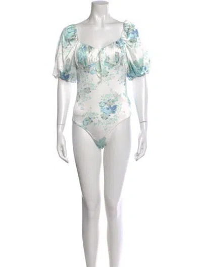 Pre-owned For Love & Lemons Floral Print Square Neckline Bodysuit In White