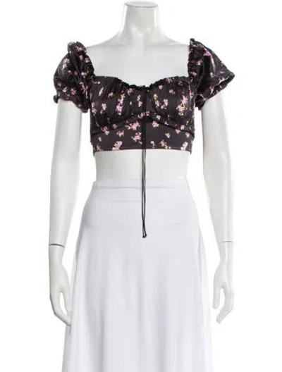 Pre-owned For Love & Lemons Floral Print Square Neckline Crop Top In Black