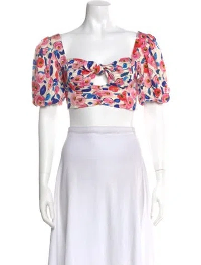Pre-owned For Love & Lemons Floral Print Square Neckline Crop Top W/ Tags In White